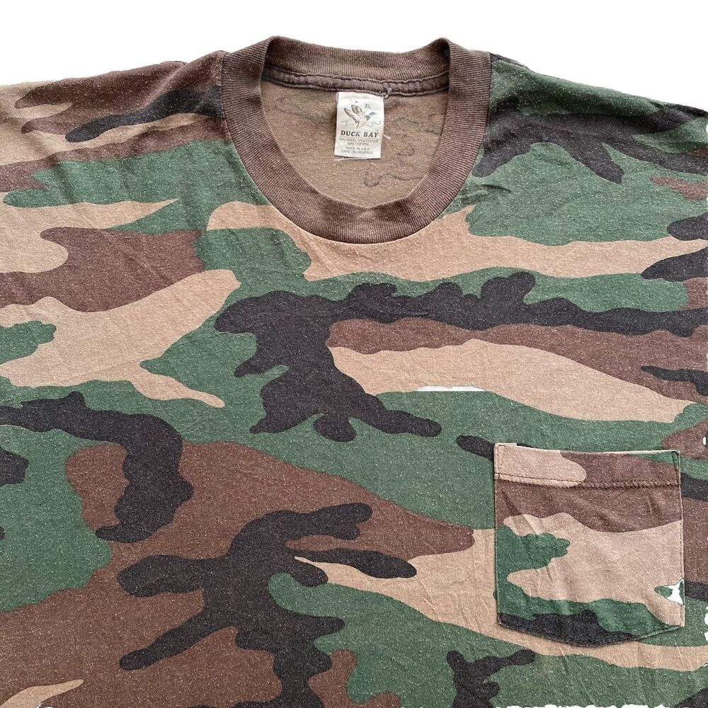 Vintage 80s Camo Pocket T Shirt XL Duck Bay Hunting Camouflage Basic Blank